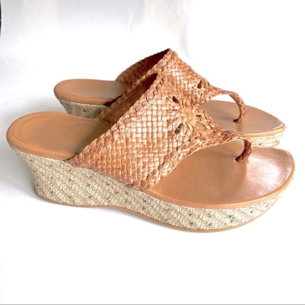Stuart Weitzman Woven Tan Platform Studded Wedge Espadrille Sandals 6.5